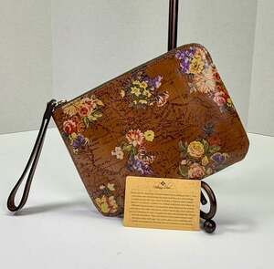 Patricia Nash Brown English Garden Map Leather Wristlet Clutch